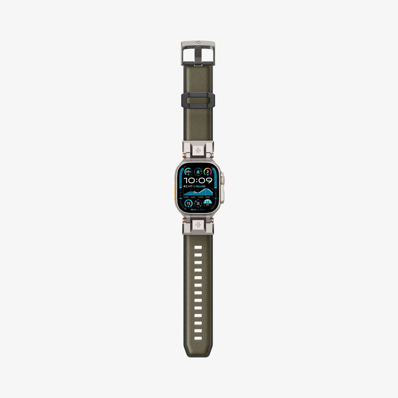 AMP09102 - Apple Watch Ultra (49mm) DuraPro Armor in Military Green showing the front with the watch band flat