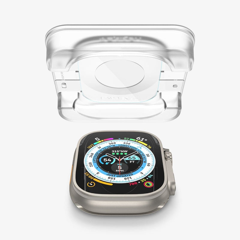 AGL05556 - Apple Watch Ultra Screen Protector EZ FIT Glas.tR showing the ez fit tray hovering above the apple watch face