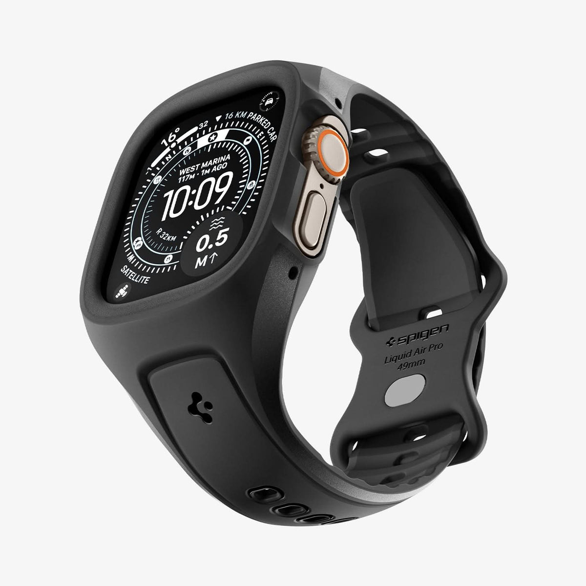 ACS05463 - Apple Watch Ultra Series (49mm) Case Liquid Air Pro in black showing the front, side and partial inner and bottom