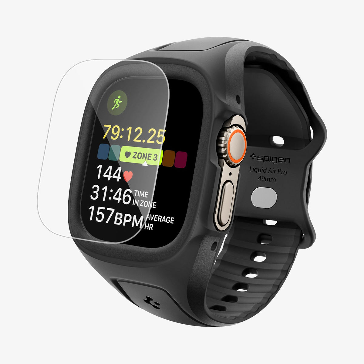 ACS11416 - Apple Watch Series - Liquid Air Pro with Screen Protector in Black showing apple watch band and a screen protector