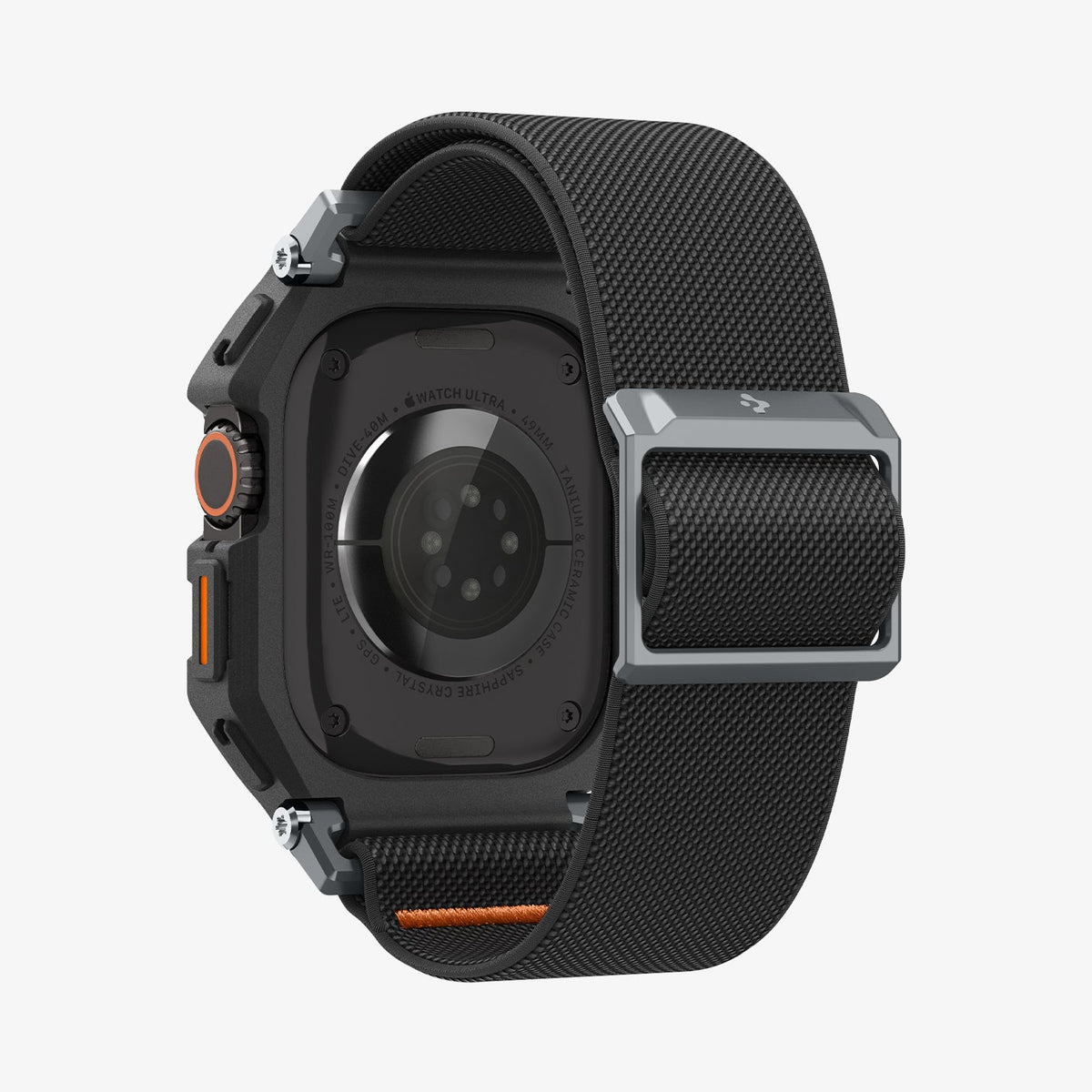 ACS11415 - Three-quarter back view of Spigen Lite Fit Pro Apple Watch Ultra case showing sensor cutout and nylon band with metal clasp and orange stitching