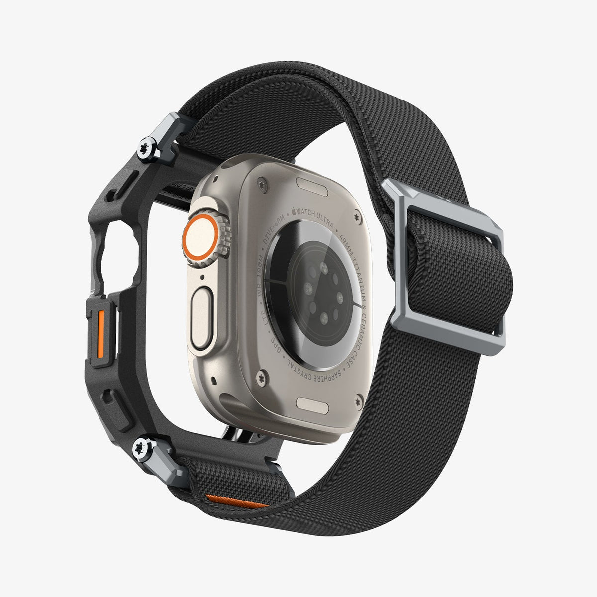 ACS11415 - Back view of Spigen Lite Fit Pro case and band for Apple Watch Ultra showing Digital Crown cutout and nylon band with metal clasp