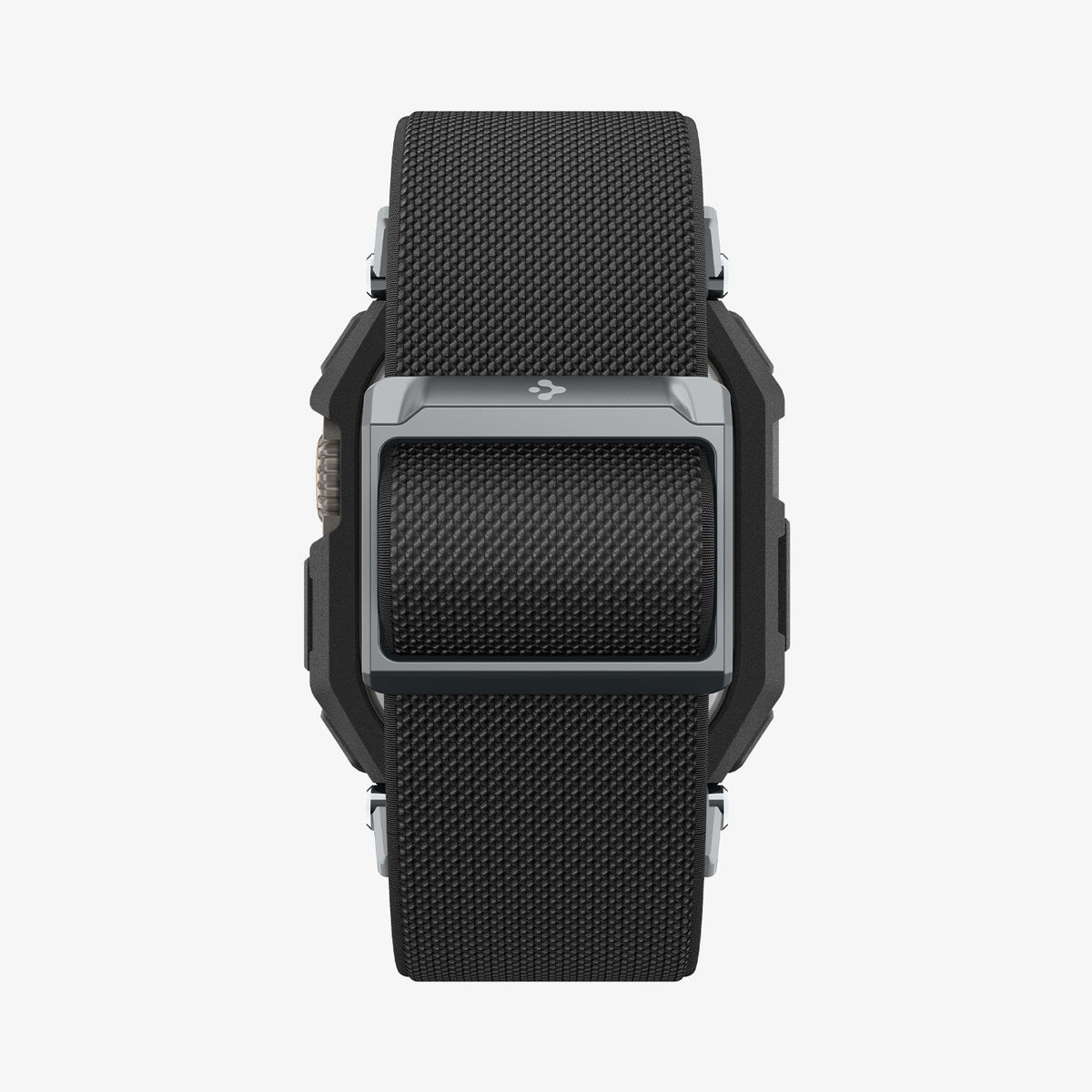 ACS11415 - Straight-on back view of Spigen Lite Fit Pro Apple Watch Ultra case showing Spigen logo and black nylon band clasp