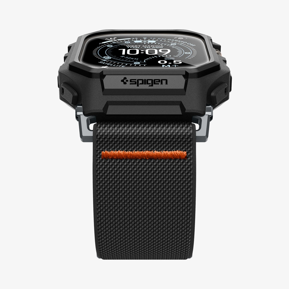 ACS11415 - Front view of Spigen Lite Fit Pro Apple Watch Ultra case with Spigen branding and black nylon band with orange stitching detail
