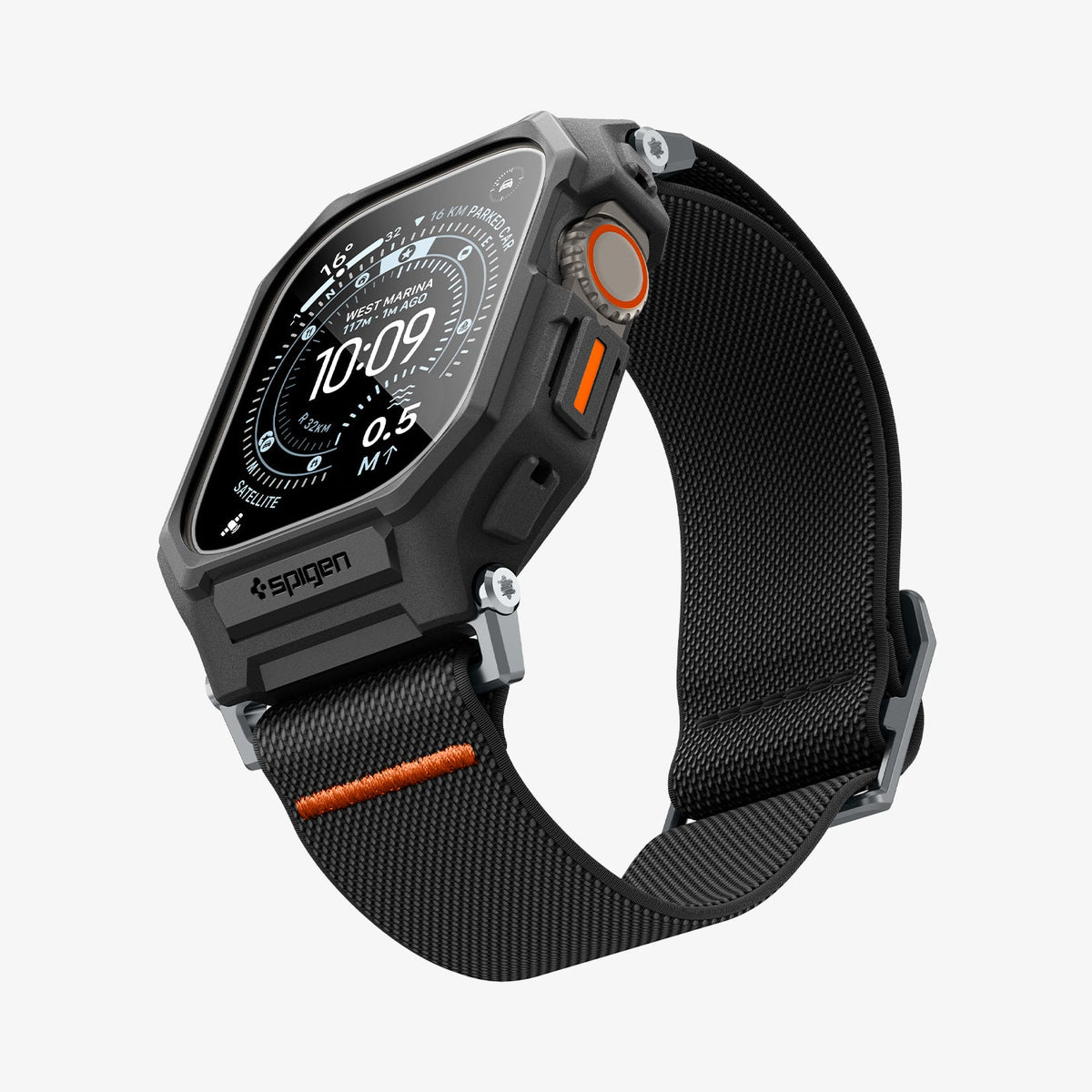 ACS11415 - Three-quarter front view of Spigen Lite Fit Pro Apple Watch Ultra case in black with orange stitched nylon band and Digital Crown accent