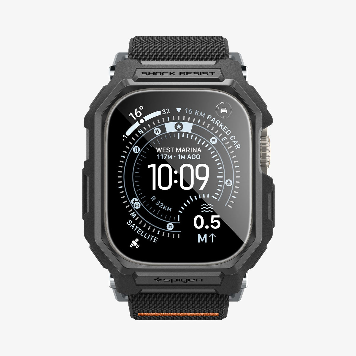 ACS11415 - Straight-on front view of Spigen Lite Fit Pro Apple Watch Ultra case showing Shock Resist bezel engraving and Spigen logo