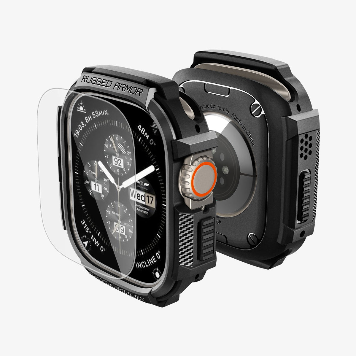ACS11414 - Side-by-side front and back view of Spigen Rugged Armor case for Apple Watch Ultra showing full case construction and interior
