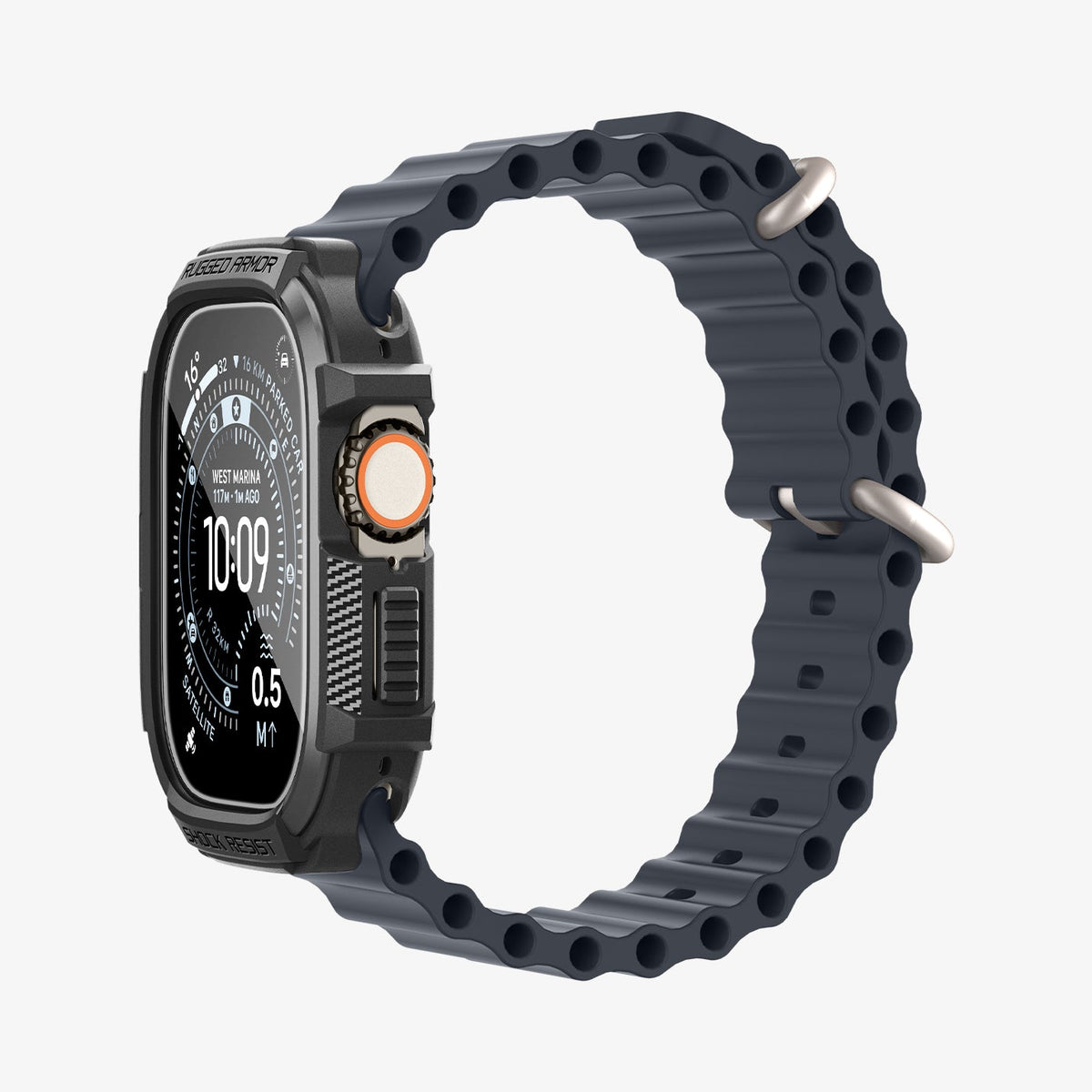 ACS11414 - Three-quarter front-left view of Spigen Rugged Armor Apple Watch Ultra case showing Rugged Armor branding and black Band