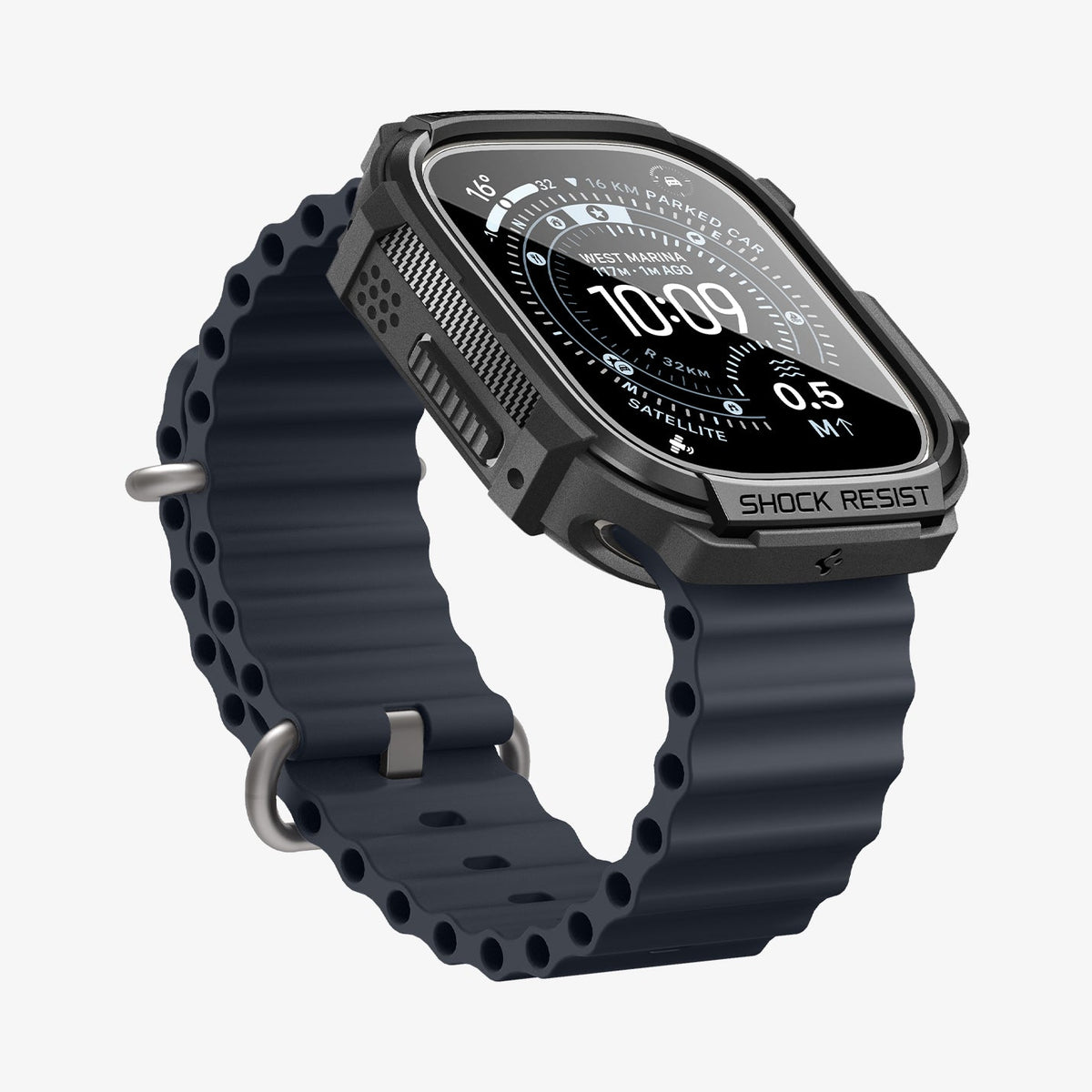 ACS11414 - Angled front view of Spigen Rugged Armor Apple Watch Ultra case showing Shock Resist bottom bezel engraving and speaker grille cutout