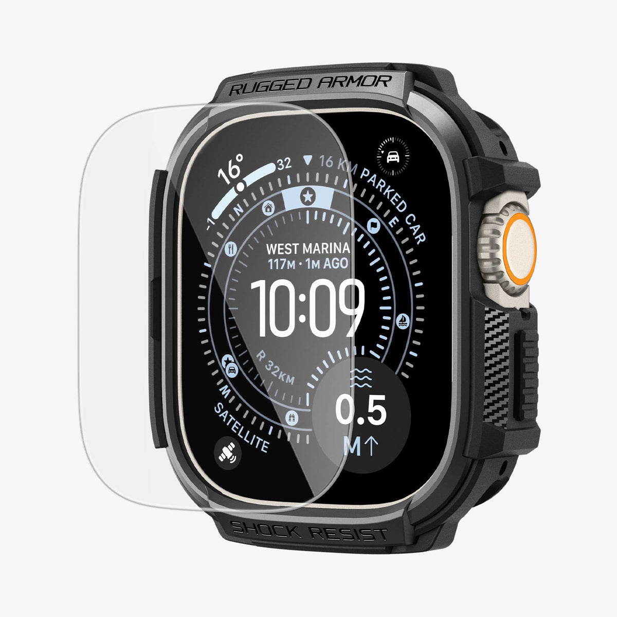 ACS11414 - Front angled view of Spigen Rugged Armor Apple Watch Ultra case with screen protector overlay showing full display coverage