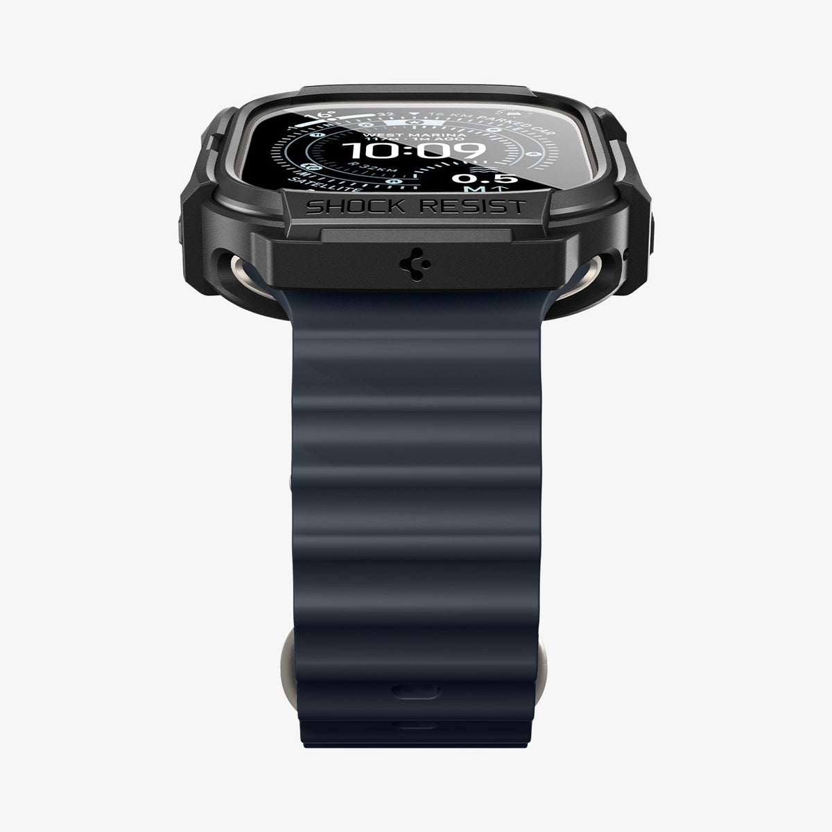 ACS11414 - Front view of Spigen Rugged Armor case on Apple Watch Ultra showing Shock Resist bezel engraving and black Band