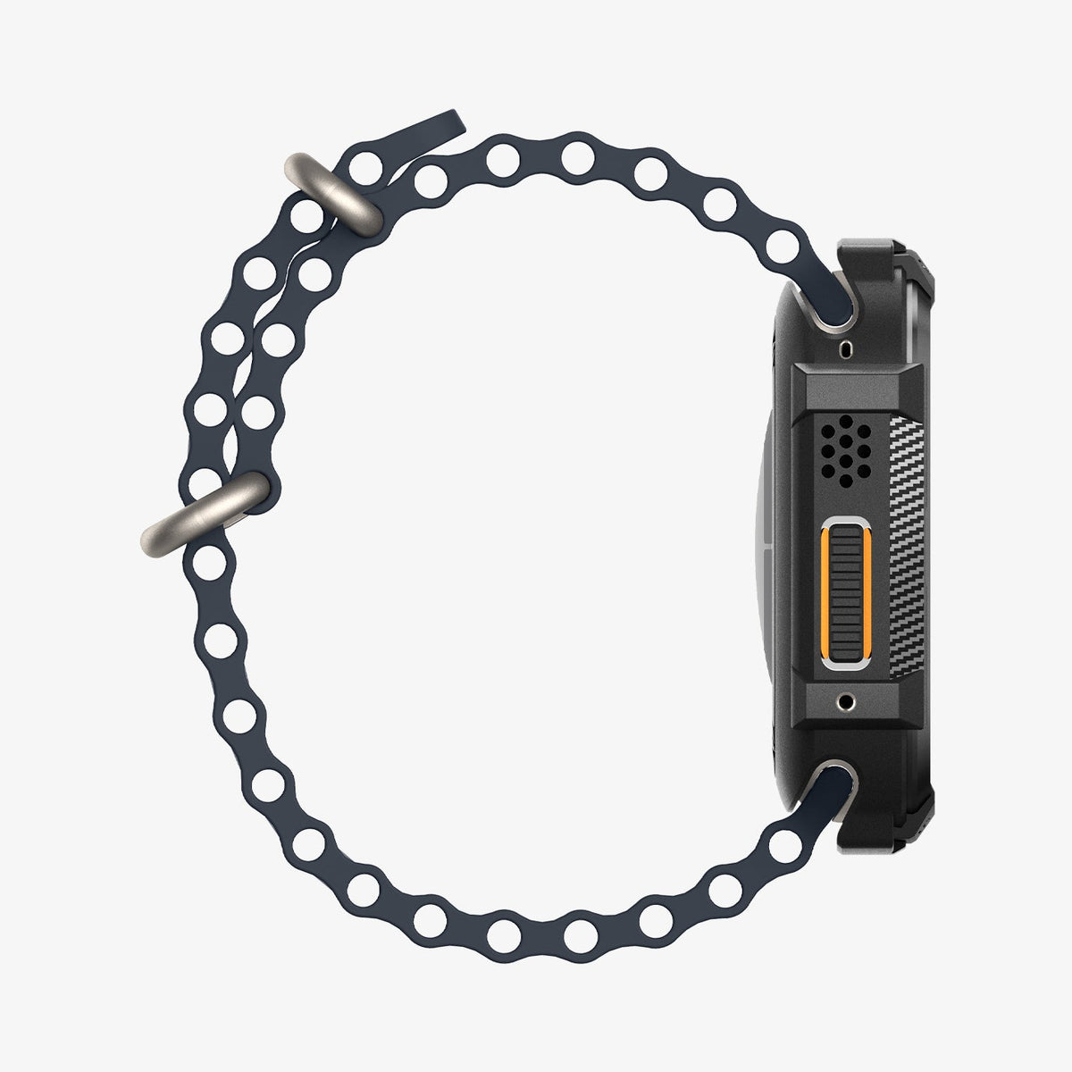 ACS11414 - Right side profile of Spigen Rugged Armor Apple Watch Ultra case showing Action Button cutout with orange accent and carbon fiber texture detail