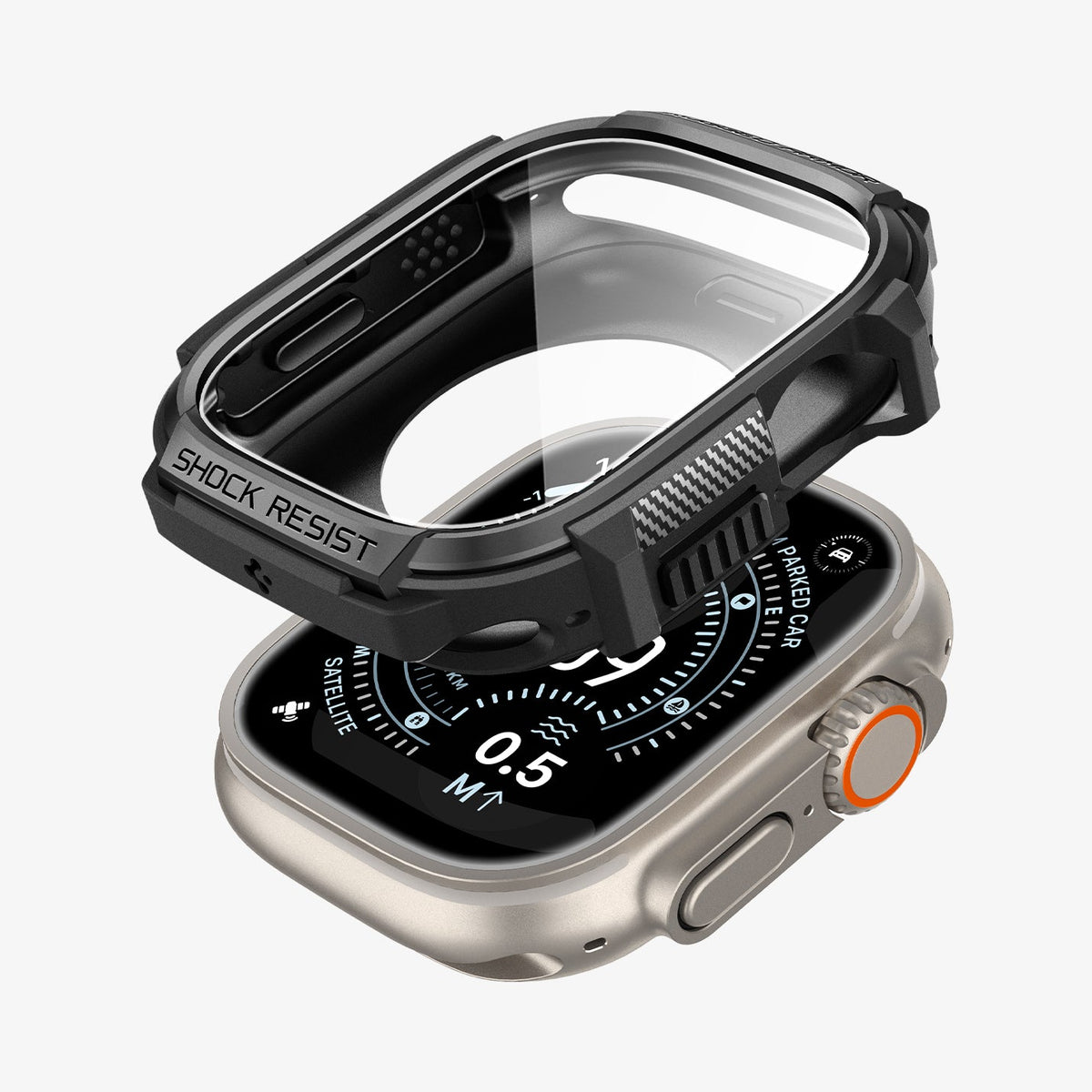 ACS11414 - Exploded view of Spigen Rugged Armor case lifting off bare Apple Watch Ultra showing snap-on installation