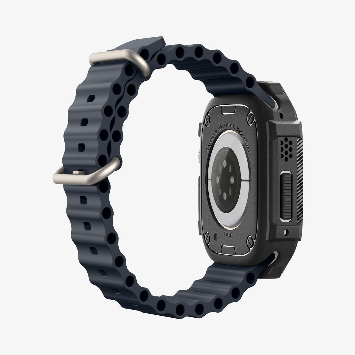 ACS11414 - Three-quarter back view of Spigen Rugged Armor Apple Watch Ultra case in matte black with carbon fiber side detail and black Band