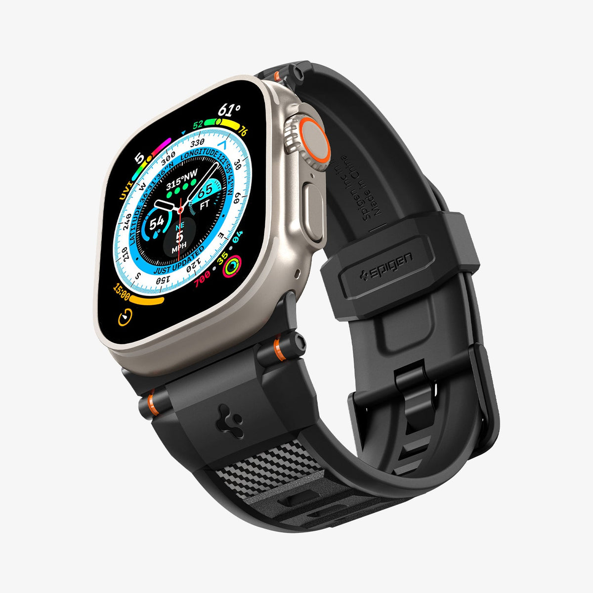 AMP02854 - Apple Watch Series Rugged Band in Matte Black showing the front, side and inside of band