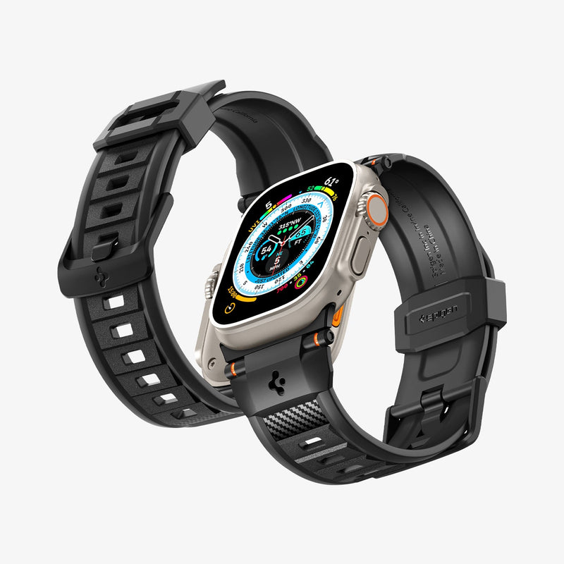 AMP07105 - Apple Watch (49mm) Rugged Ultra Band in Matte Black showing the front, inside and back of strap