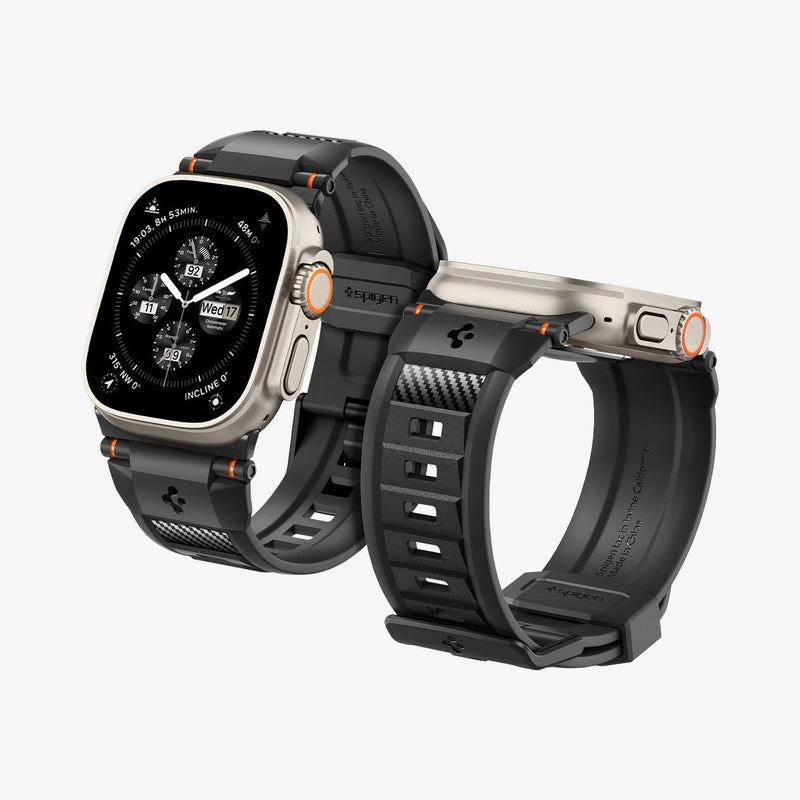 AMP07105 - Apple Watch (49mm) Rugged Ultra Band in Matte Black showing the front, sides, partial inner sides and bottom of both apple watch side by side