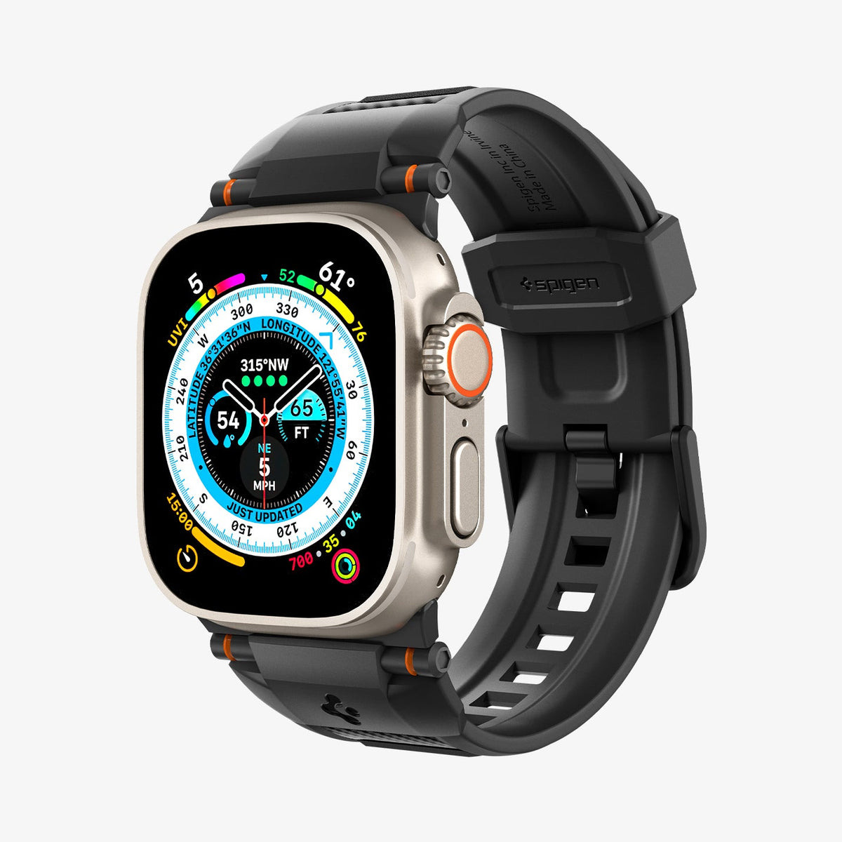 AMP02854 - Apple Watch Series Rugged Band in Matte Black showing the front and inside of band