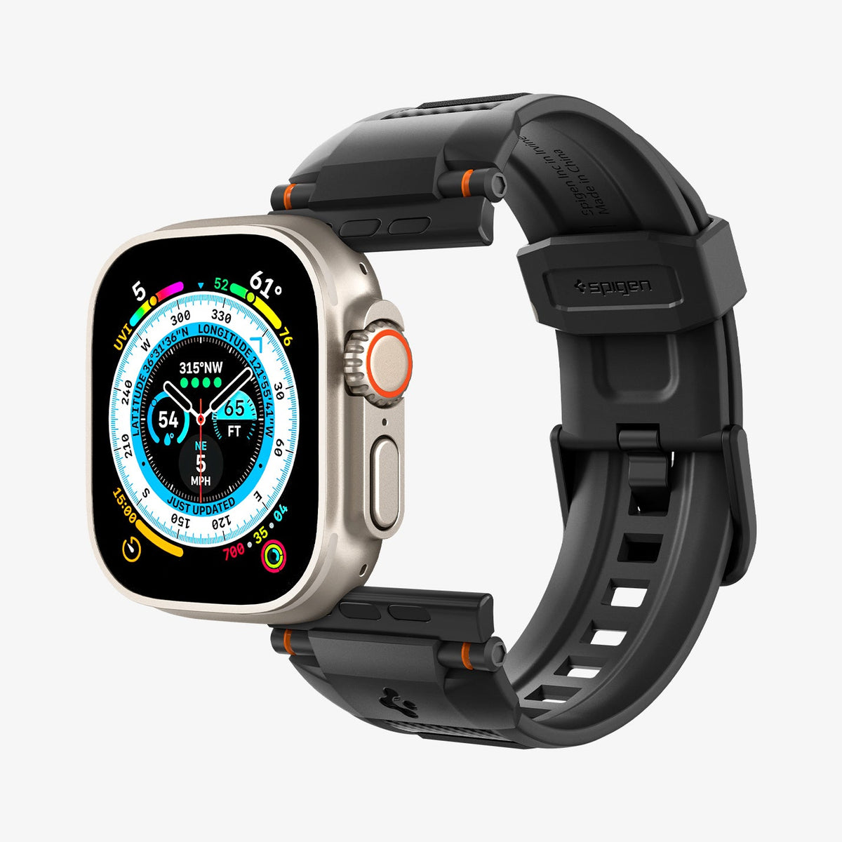 AMP02854 - Apple Watch Series Rugged Band in Matte Black showing the front, side and inside
