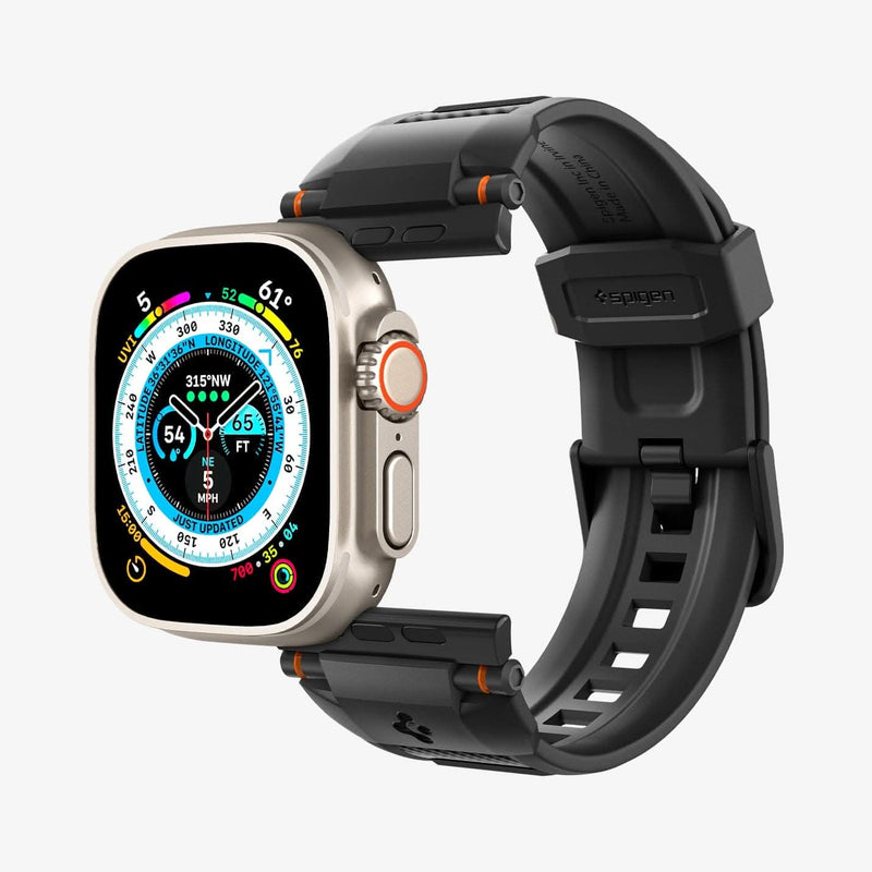 AMP07105 - Apple Watch (49mm) Rugged Ultra Band in Matte Black showing the watch face hovering in front of watch band
