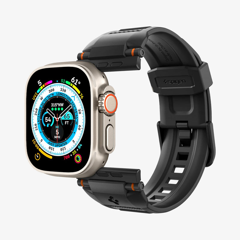 AMP07105 - Apple Watch (49mm) Rugged Ultra Band in Matte Black showing the watch face hovering in front of watch band