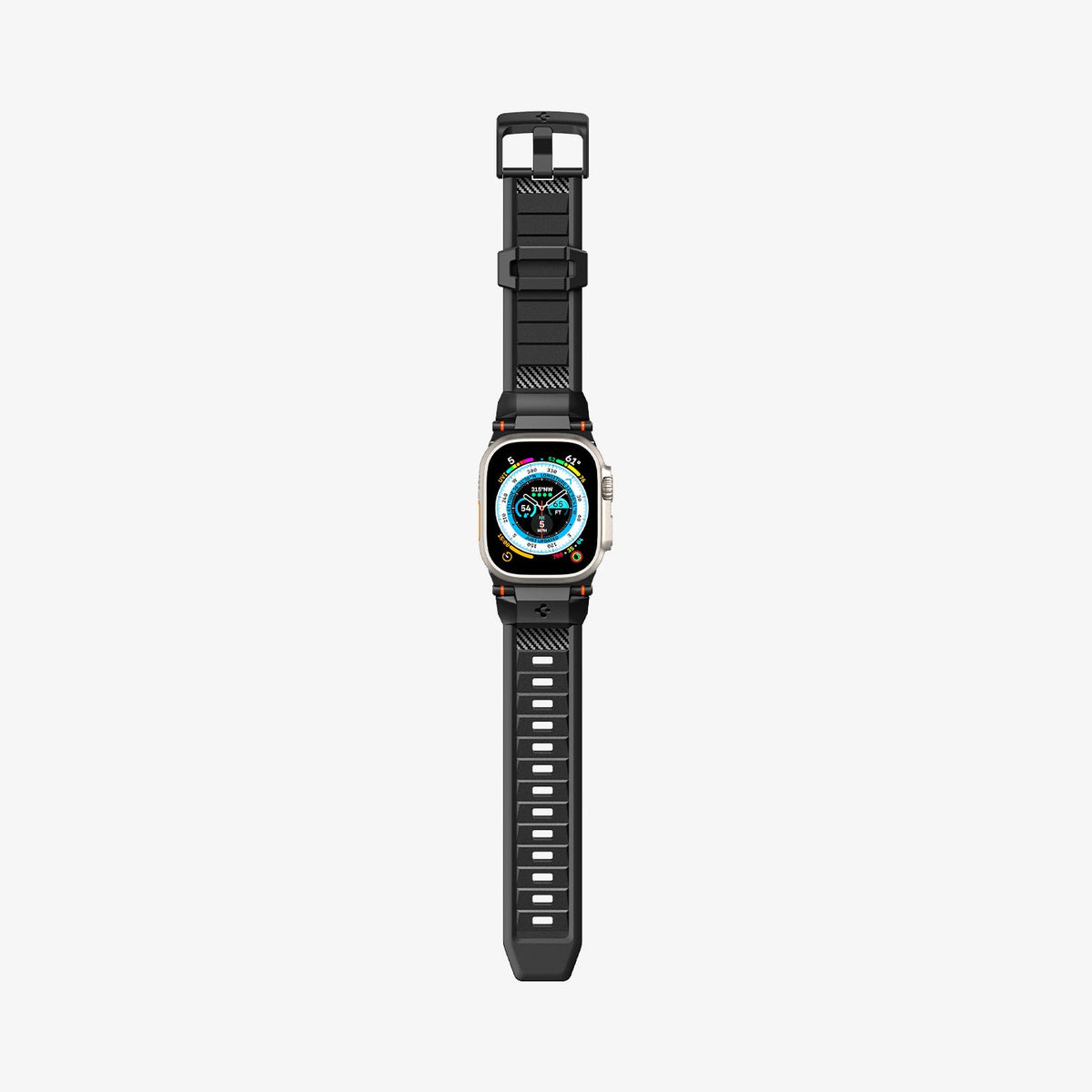 AMP02854 - Apple Watch Series Rugged Band in Matte Black showing the front with watch band laid out flat