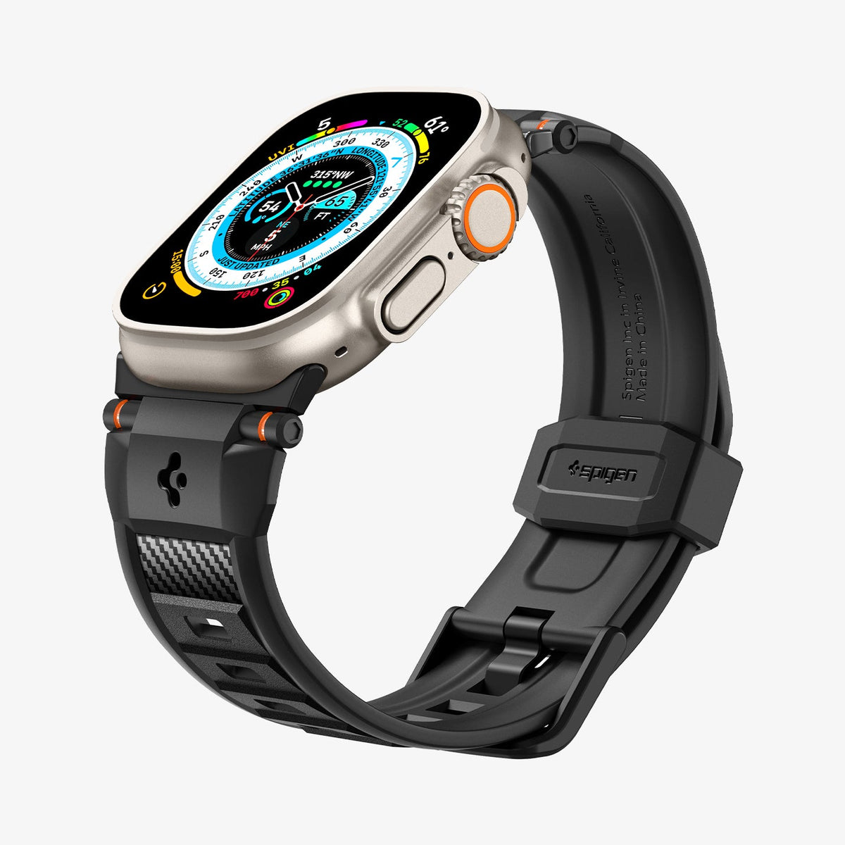 AMP02854 - Apple Watch Series Rugged Band in Matte Black showing the front, side and inside of band