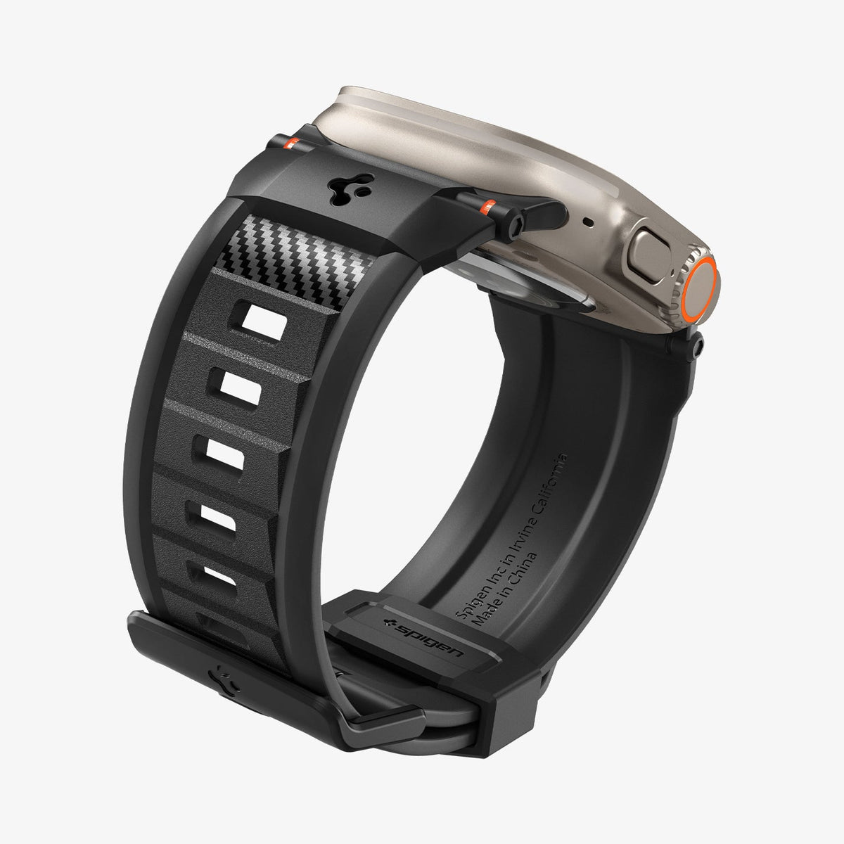 AMP02854 - Apple Watch Series Rugged Band in Matte Black showing the back, side and inside of band