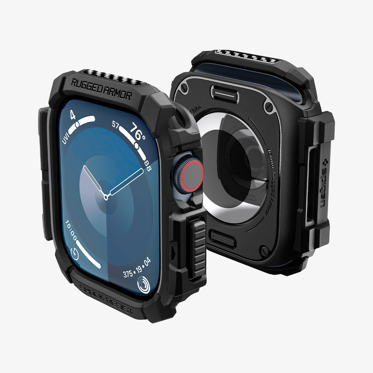 ACS08597 - Apple Watch 10 (46mm) Case Rugged Armor in Matte Black showing the front, back, partial sides and top