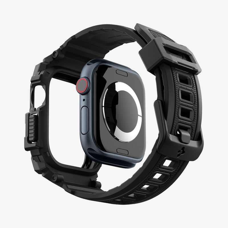 ACS08604 - Apple Watch 10 (46mm) Case Rugged Armor Pro in Matte Black showing the back, detached from the case, hovering under the band, showing inner side and back