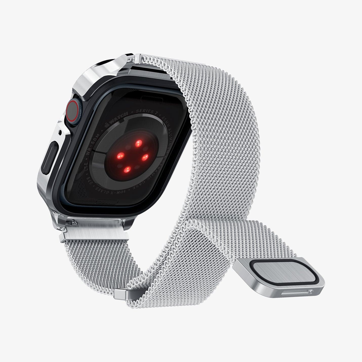 ACS04586 - Apple Watch (40mm) Metal Fit Pro in Silver showing the back and inside of watch band