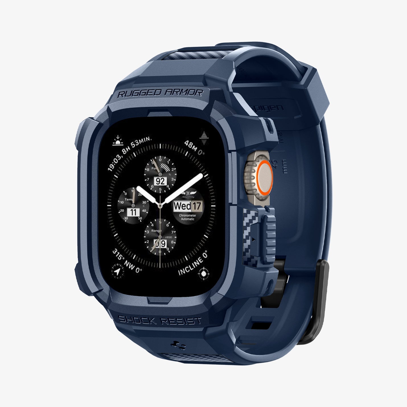 ACS07389 - Apple Watch (49mm) Rugged Armor Pro in Navy Blue showing the front, partial side and bottom