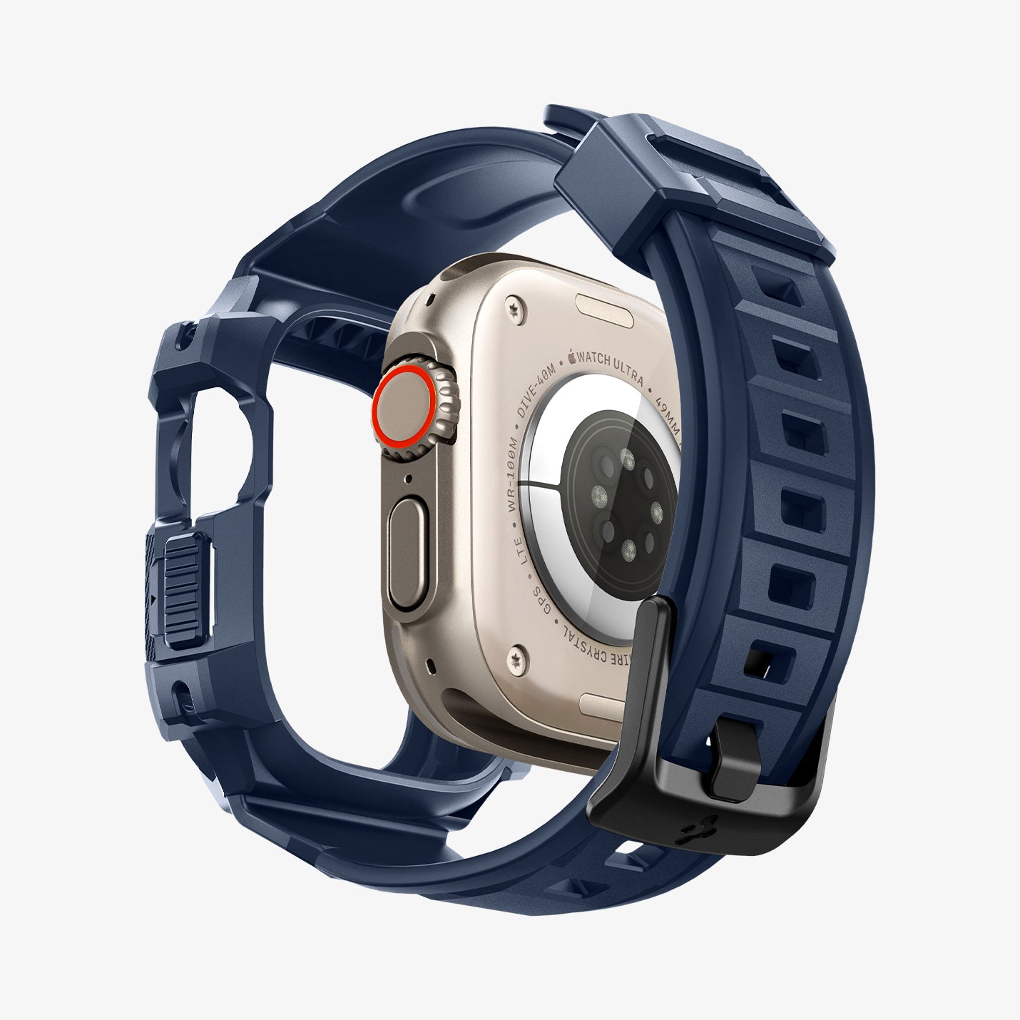 ACS07389 - Apple Watch (49mm) Rugged Armor Pro in Navy Blue showing the back with watch face hovering away from band