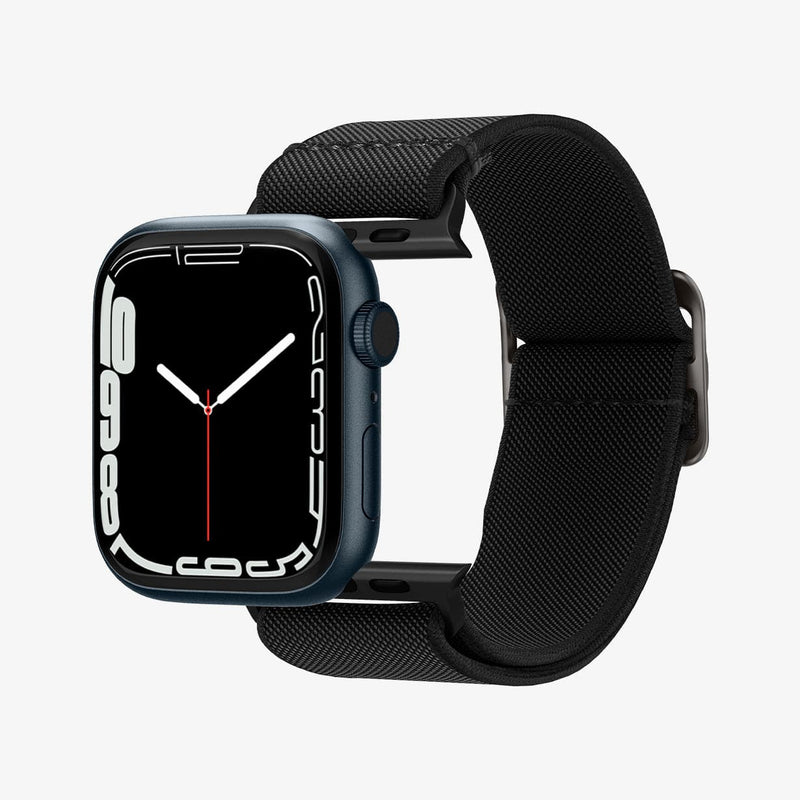 AMP02286 - Apple Watch Series (Apple Watch (49mm)/Apple Watch (45mm)/Apple Watch (42mm)) Watch Band Lite Fit in black showing the watch face hovering in front of watch band