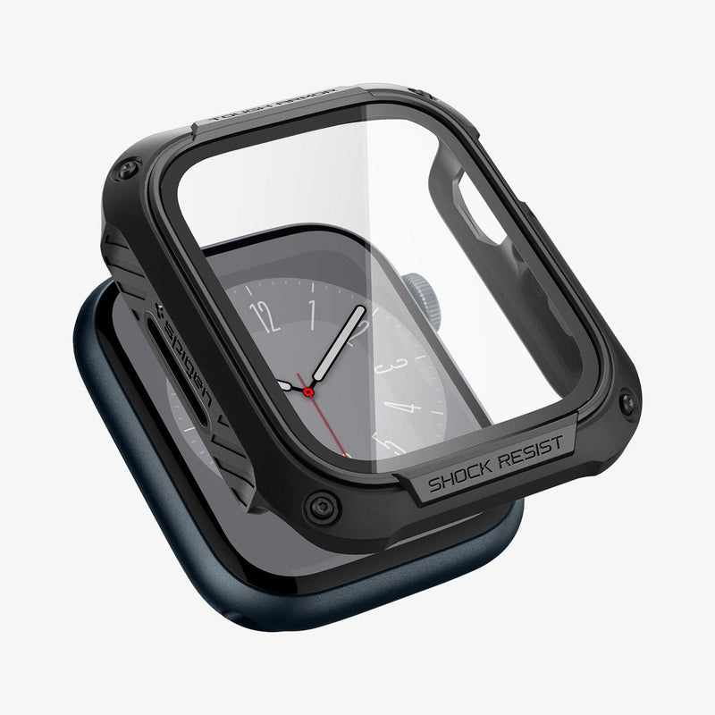 ACS04183 - Apple Watch Series (45mm) Case Tough Armor in black showing the case hovering above the watch face