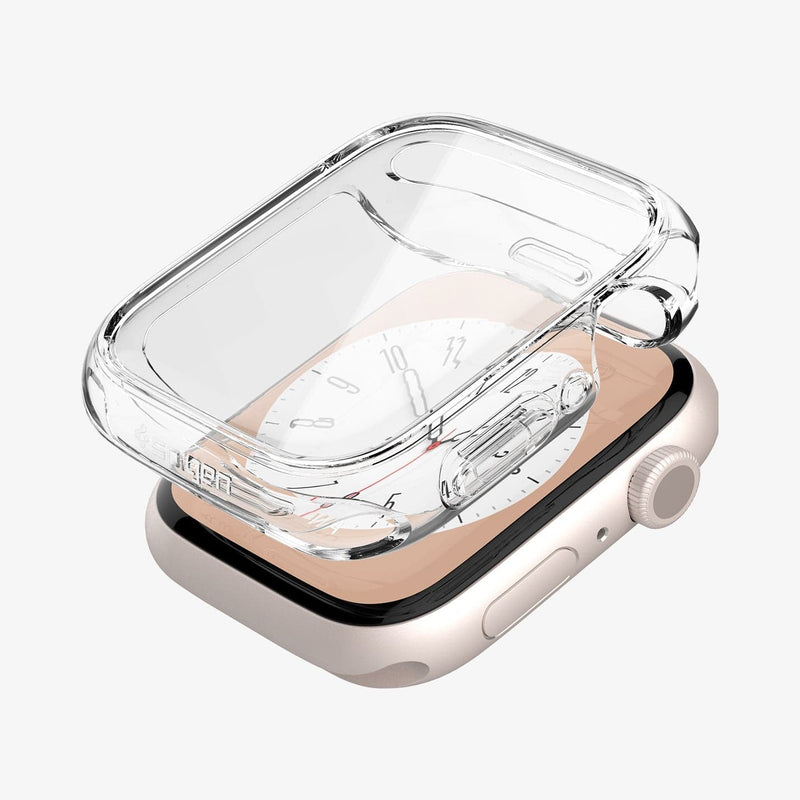 ACS04611 - Apple Watch Series (45mm) Case Ultra Hybrid in crystal clear showing the case hovering above the watch face