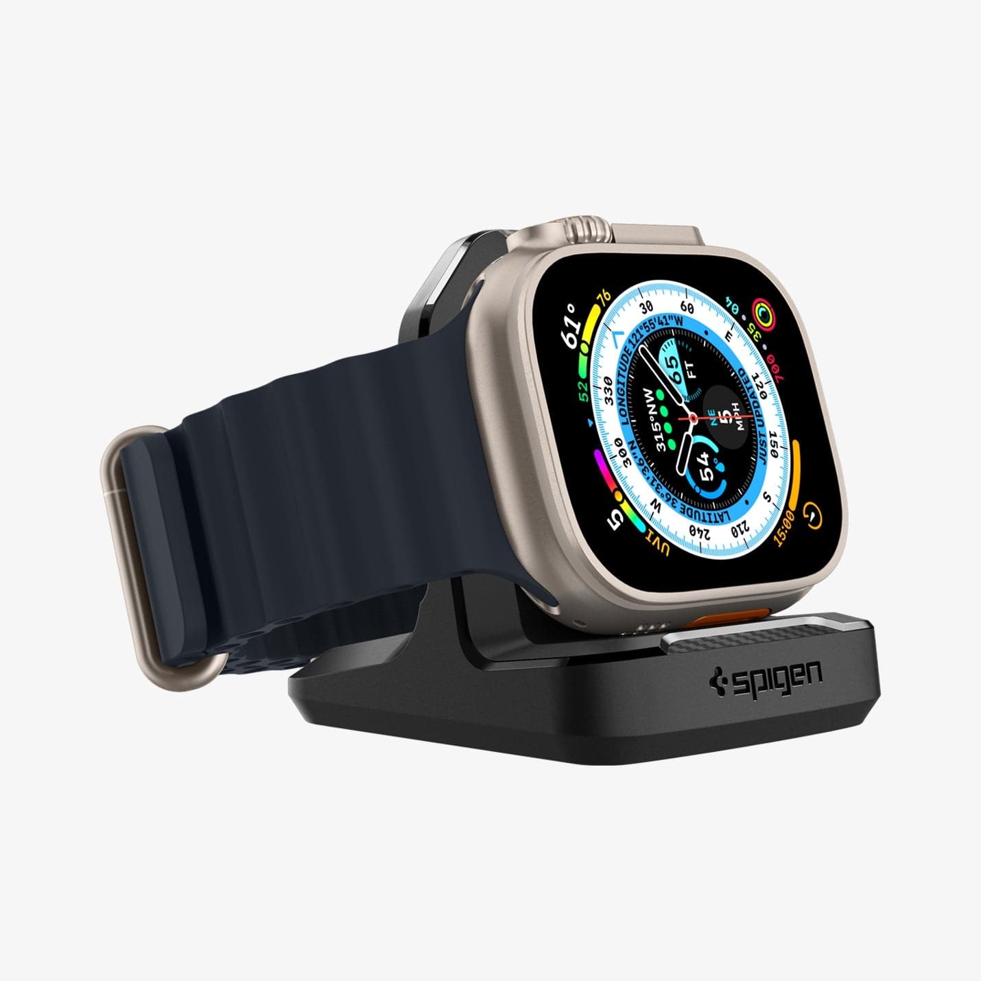 AMP05764 - Apple Watch Rugged Armor Stand in black showing the front and side with watch on stand