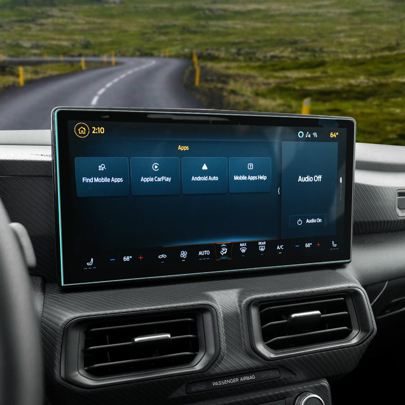 AGL07592 - Ford Mustang 13.2-inch Screen Protector GLAS.tR SLIM in Clear showing the view inside a car, showing front of a device with a screen protector installed