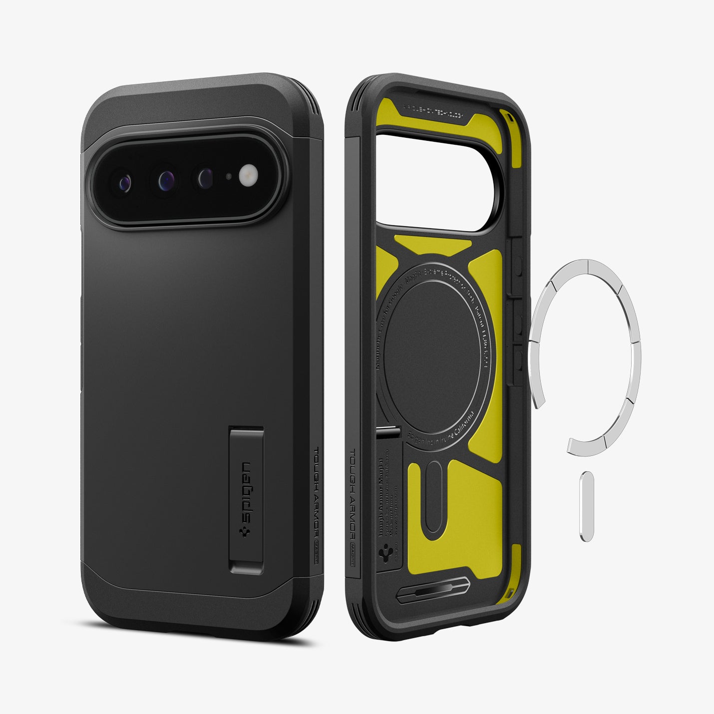 ACS11453 - Pixel 11 Pro XL Tough Armor (Mag Fit) Black front and interior views showing the built in magnetic ring, Extreme Protection Foam, and multi layer construction.