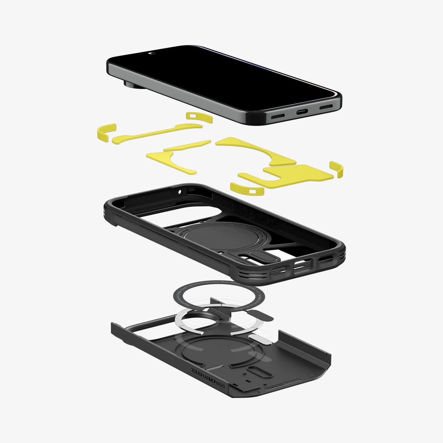 ACS11453 - Pixel 11 Pro XL Tough Armor (Mag Fit) Black exploded view showing the multi layer construction, built in magnetic ring, and Extreme Protection Foam.