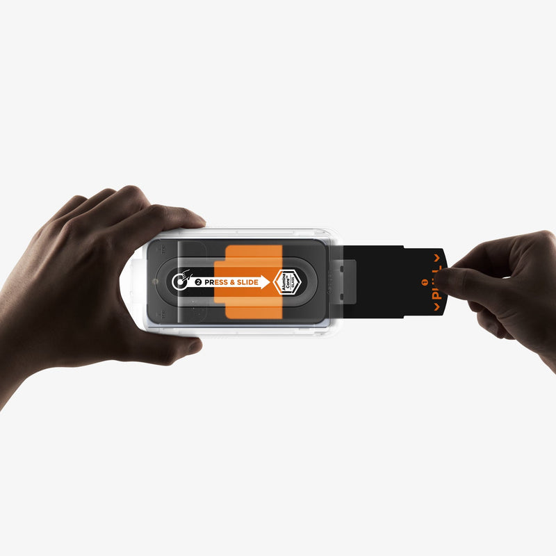 AGL09665 - GajPFD Screen Protector EZ Fit Pro GLAS.tR showing a hand pulling the peel strip of ez fit tray