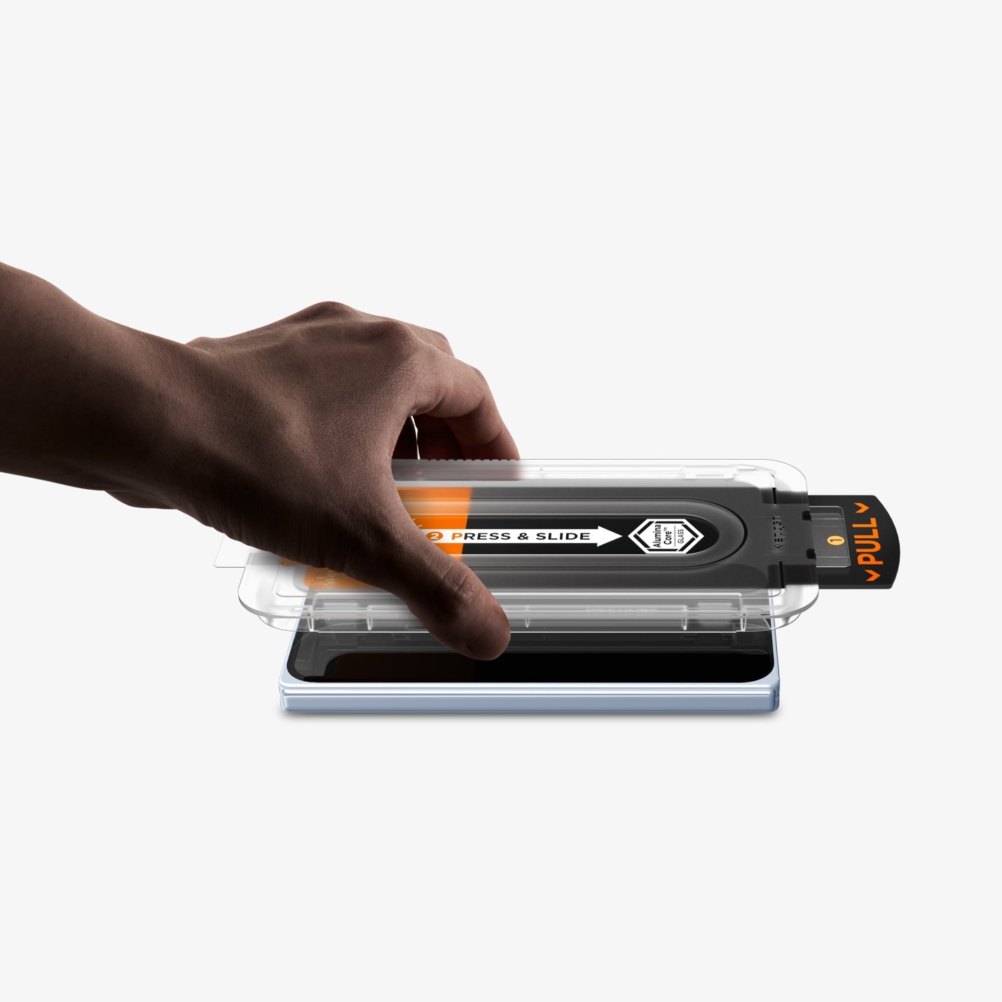 AGL09665 - GajPFD Screen Protector EZ Fit Pro GLAS.tR showing a hand placing the ez fit tray onto the device to be installed