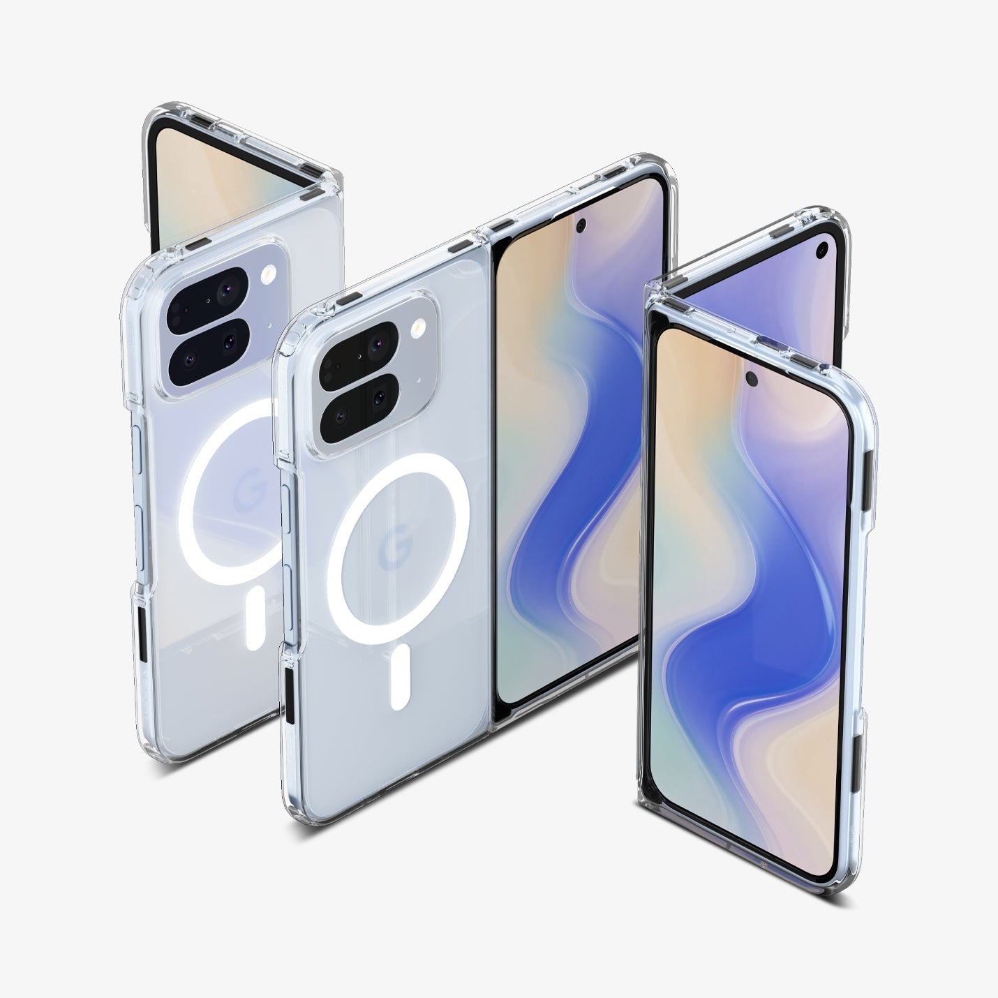 ACS09742 - GajPFD Case Ultra Hybrid Metal Ring (MagFit) in crystal clear showing the back and front of multiple devices