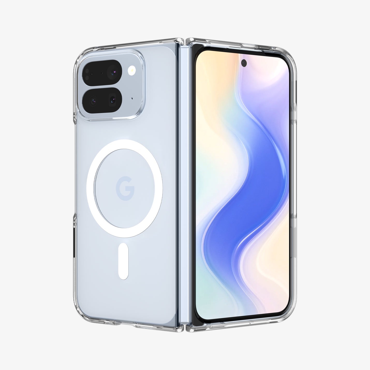 ACS09742 - GajPFD Case Ultra Hybrid Metal Ring (MagFit) in crystal clear showing the back, hinge and front