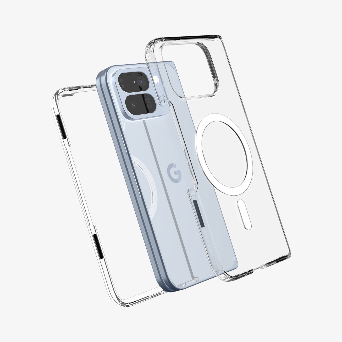 ACS09742 - GajPFD Case Ultra Hybrid Metal Ring (MagFit) in crystal clear showing the back and front layers of case hovering around device