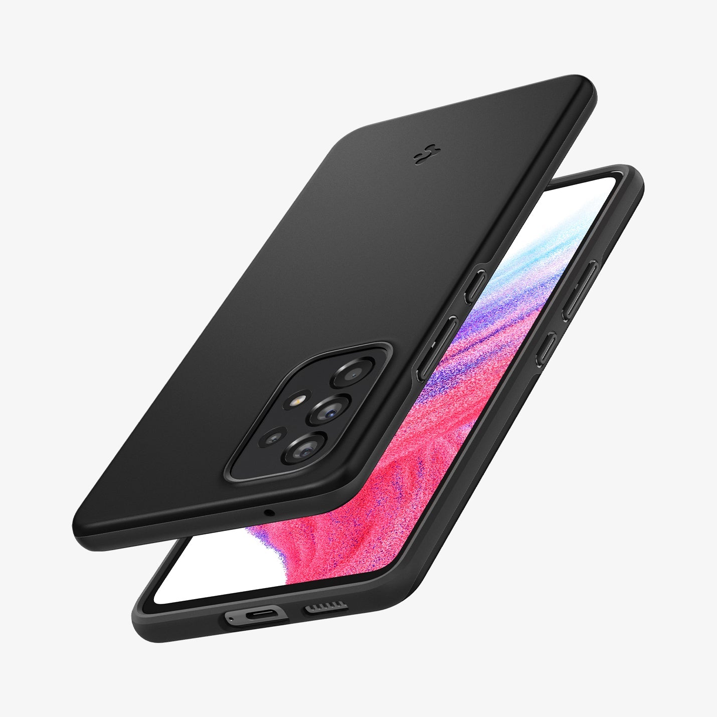 ACS04257 - Galaxy A53 5G Case Thin Fit in Black showing the back, partial side and top hovering in front of a device showing partial front, side and bottom