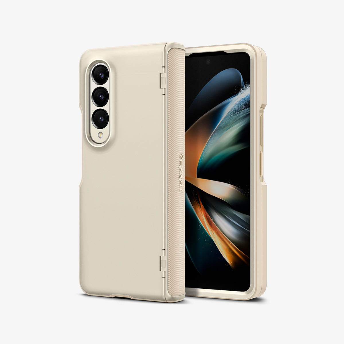 ACS05512 - Galaxy Z Fold 4 Case Galaxy Z Fold 4 Series Slim Armor Pro in Pearled Ivory showing the back, partial side, behind it, a device showing front and partial side