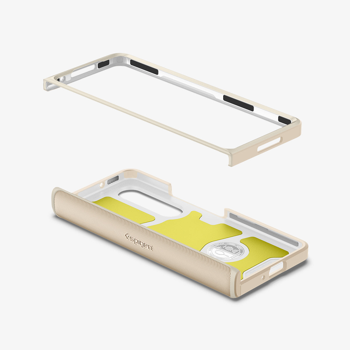 ACS05512 - Galaxy Z Fold 4 Case Galaxy Z Fold 4 Series Slim Armor Pro in Pearled Ivory showing the detached side frame hovering above the back layer of the case exposing the inner layer with impact foam
