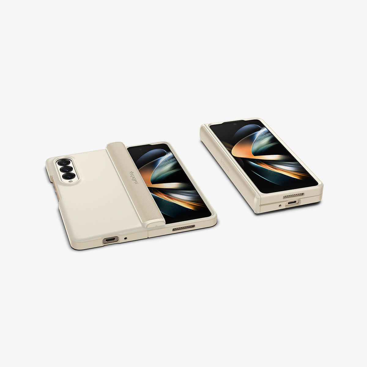 ACS05512 - Galaxy Z Fold 4 Case Galaxy Z Fold 4 Series Slim Armor Pro in Pearled Ivory showing the back, front, and partial sides of the both devices on a flat surface
