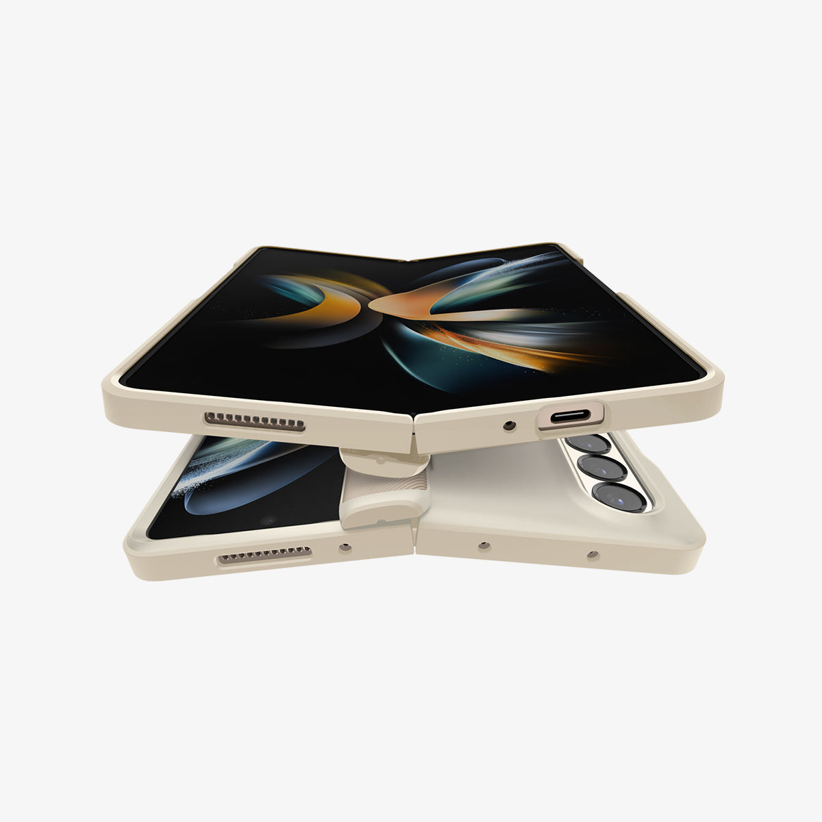ACS05512 - Galaxy Z Fold 4 Case Galaxy Z Fold 4 Series Slim Armor Pro in Pearled Ivory showing the back, front and partial side of both devices facing each others back